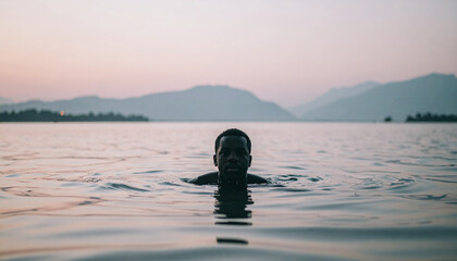  "Solo Man Swimming in Calm Lake at Sunset"