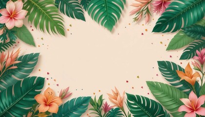 Vibrant tropical foliage and flowers frame