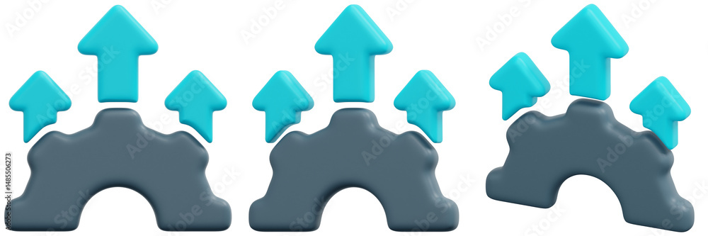 Poster set of abstract 3d grey and cyan shapes with upward arrows 3d render icon illustration