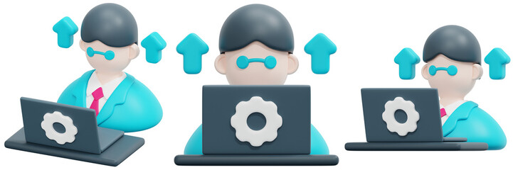 Set of a Businessman Working on Laptop with Upward Arrows 3d Render Icon Illustration