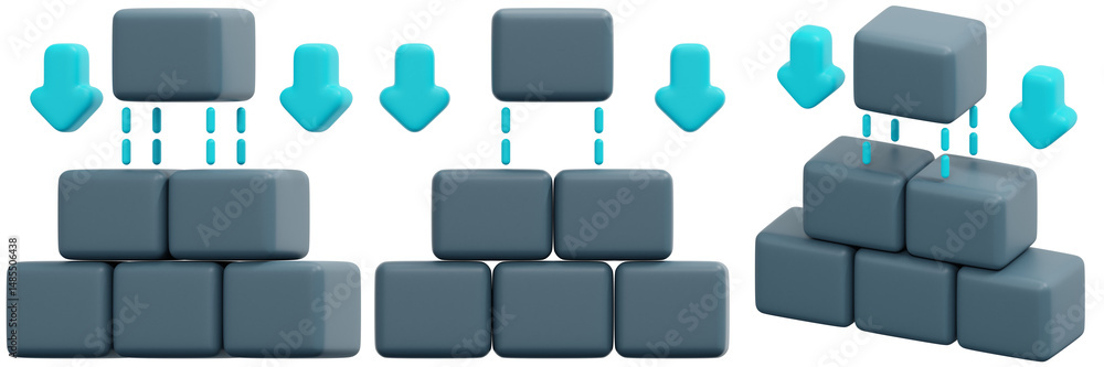 Poster set of abstract 3d illustration of gray cubes stacking with blue arrows showing process stages 3d re
