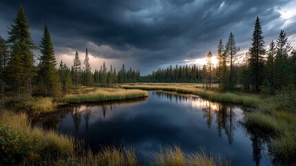 calm water reflecting storm clouds in forest