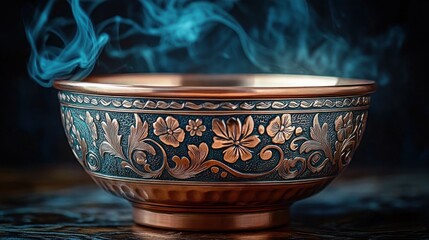 Intricately decorated metallic bowl with floral patterns emitting gentle wisps of smoke on a dark background