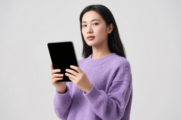 Naklejka premium Confident woman in a purple sweater holding a tablet vertically, standing with a focused look against a white background. Ideal for tech, business, or lifestyle themes with modern visual appeal.