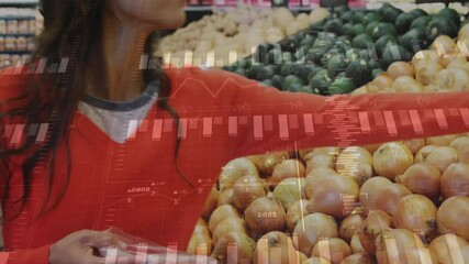 Woman shopper reaching toward onion bin in supermarket, with retail data charts overlaying produce - Powered by Adobe