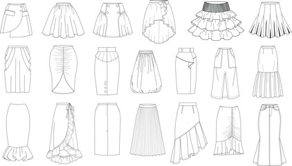 Different types of women's skirts, technical fashion illustration. Flat apparel template front side. Women, CAD mockup