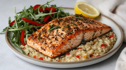 A close-up image features a plate of food including salmon, mashed potatoes, a lemon, and rosemary for decoration