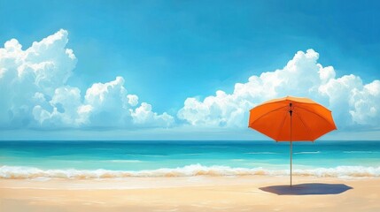 Bright and sunny beach scene with calm turquoise ocean waves, fluffy white clouds in a clear blue sky, and a solitary orange beach umbrella casting a shadow on the sand