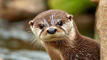 Close-up of a curious otter looking directly at the camera, with a soft, inquisitive expression