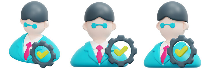 Set of 3D Rendered Male Avatars in Teal Suits with Check Marks 3d Render Icon Illustration