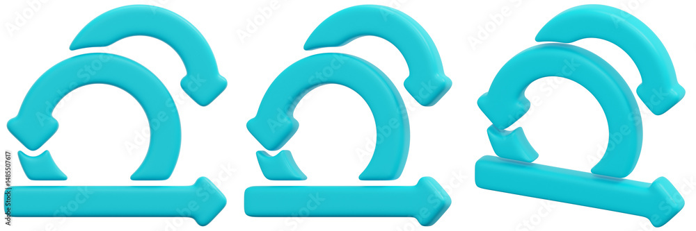 Poster set of dimensional cyan arrows forming a continuous cycle 3d render icon illustration