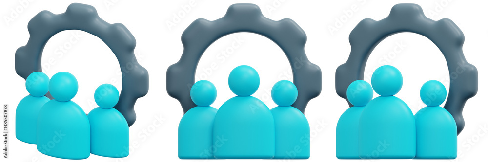 Poster set of dimensional cyan figures within a grey gear abstract teamwork 3d render icon illustration
