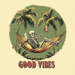 Relaxing skeleton in a hammock, enjoying a drink, tropical scene.