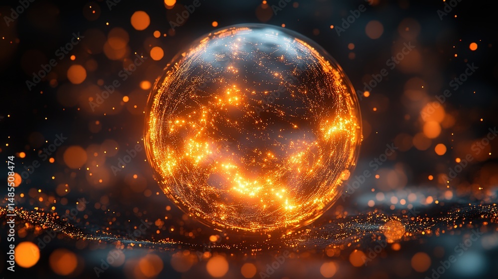 Poster abstract sphere with glowing orange connections on black background – futuristic digital network vis