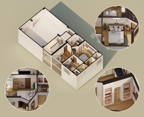3D Modern House Architectural Floor Plan with Blow Up of Interior