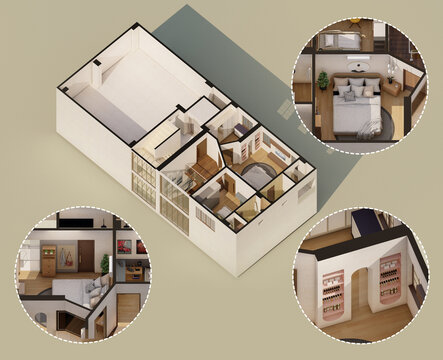 3D Modern House Architectural Floor Plan with Blow Up of Interior