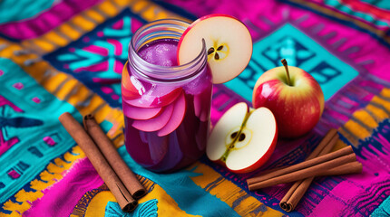 Fototapeta premium a clear glass jar filled with chicha morada, a sweet and refreshing purple corn drink from Peru, adorned with thin slices of juicy red apple and aromatic cinnamon sticks