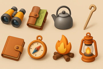 Camping essentials 3d icon set - outdoor, nature, travel, adventure, tools collection
