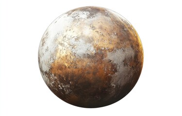 Fototapeta premium Rusty, metallic sphere, resembling a planet. Textured surface with golden and muted rust-colored tones