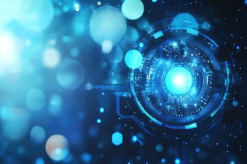 Futuristic technological interface with glowing central component. Bokeh effects create depth and ambiance