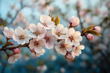 Close-up of delicate white and pink cherry blossom flowers on a branch with soft-focus blue and pink background, evoking a peaceful spring atmosphere