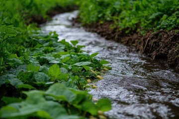 Small stream meandering through lush vegetation.  Fresh water flows gently amidst vibrant green foliage