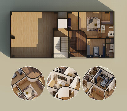 3D Modern House Architectural Floor Plan with Blow Up of Interior