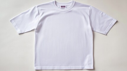 A white t-shirt with a purple logo on the front