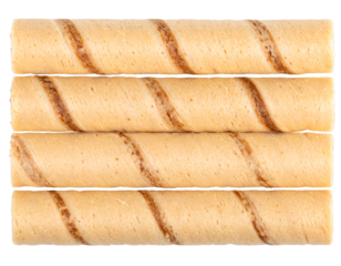Four crispy wafer rolls with chocolate filling forming a perfect pattern on transparent background