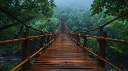 Fototapeta premium Misty forest suspension bridge spanning a ravine.
