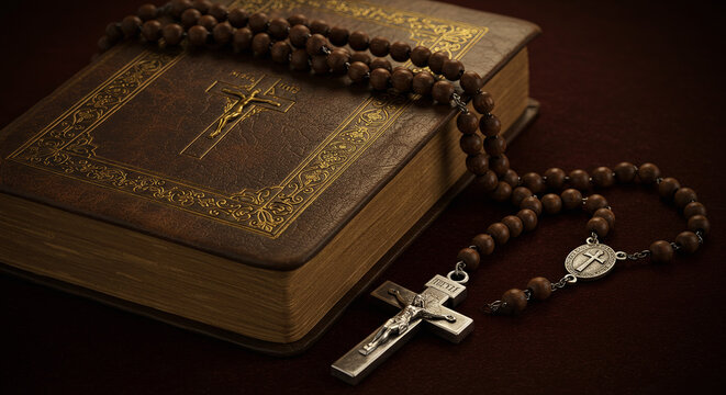 Antique Holy Bible with Embossed Cover and a Wooden Rosary Beads with a Silver Crucifix