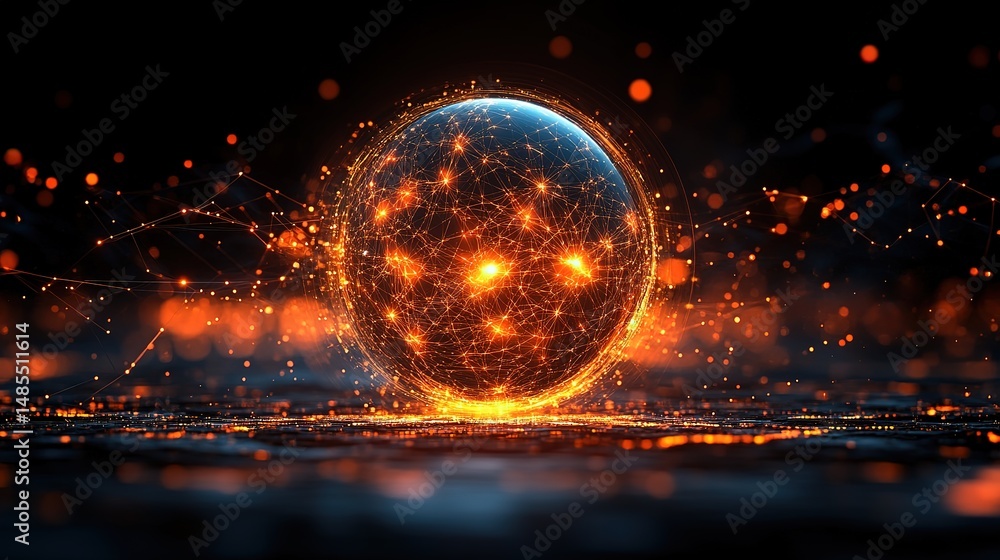 Poster abstract sphere with glowing orange connections on black background – futuristic digital network vis