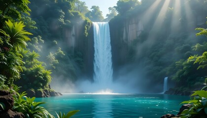 Majestic tropical waterfall plunging from a high cliff into a turquoise pool, surrounded by lush green forest. Mist and sunlight create a magical, pristine nature scene.