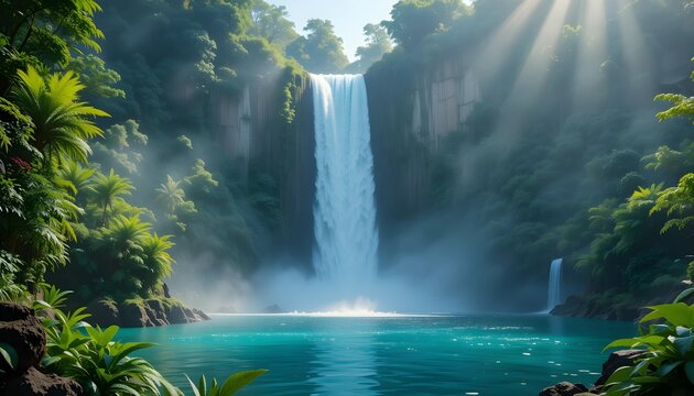 Majestic tropical waterfall plunging from a high cliff into a turquoise pool, surrounded by lush green forest. Mist and sunlight create a magical, pristine nature scene. - Powered by Adobe