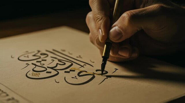 Skilled calligrapher meticulously writes intricate arabic script with a traditional qalam pen and ink on textured paper, showcasing the artistry and cultural heritage of islamic calligraphy