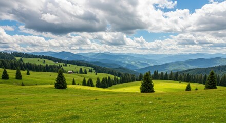Obraz premium Green meadow landscape serenity and natural beauty, with rolling hills and cloudy sky