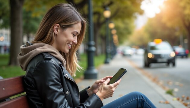 Young brunette woman in black jacket calmly using smartphone on park bench with city backdrop