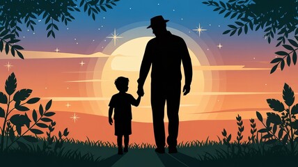 A Father's Day greeting card illustration with a silhouetted father and child walking together at sunset, father and son at sunset