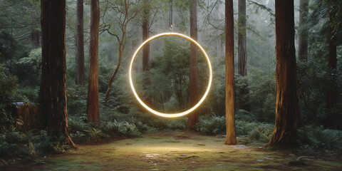 Glowing Golden Circle Suspended Amidst Forest Trees With Sunlight Creating Dreamlike Atmosphere