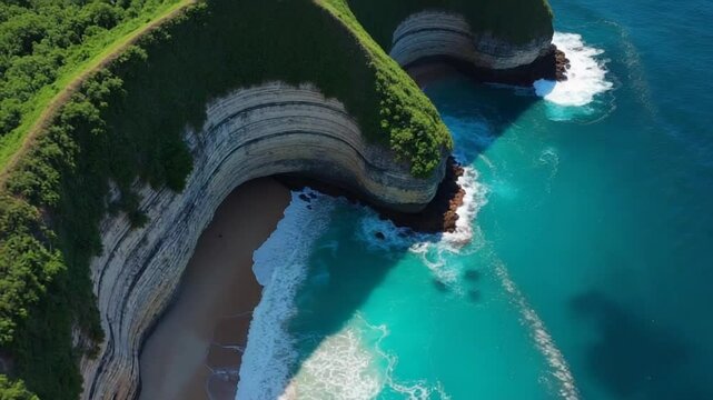 Aerial view of a Bali cliffside beach with turquoise water and waves