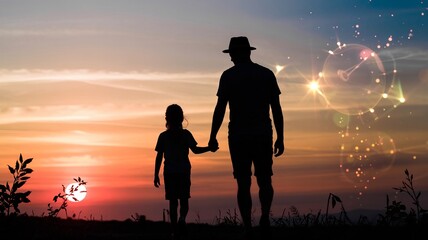 A Father's Day greeting card illustration with a silhouetted father and child walking together at sunset, father and son at sunset