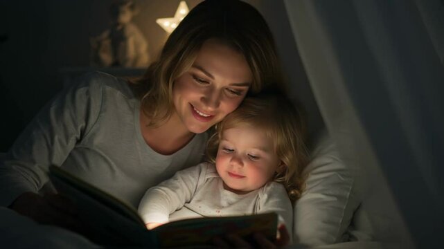 Caring mother reads a book to her young daughter in a cozy bed under the glow of a star-shaped night light, illustrating motherhood, family bonding, and the importance of bedtime stories