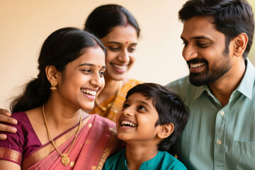 Close-up of Indian family members smiling and laughing together, showcasing joy, love, and strong emotional bonds. Ideal for lifestyle, family, and cultural representation concepts.

