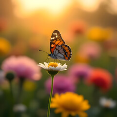 Obraz premium A butterfly flies on a daisy in a field of colorful flowers, blurred into a circular bokeh