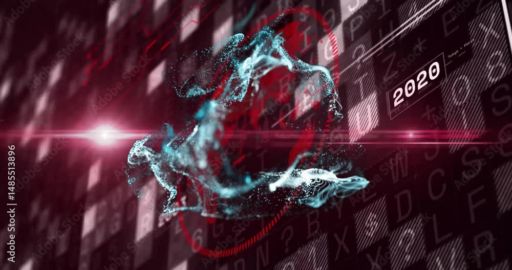 Poster swirling blue particle cloud floating over digital grid, tracking circles and numbers moving across