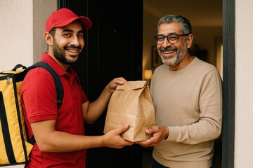 Happy delivery service interaction.