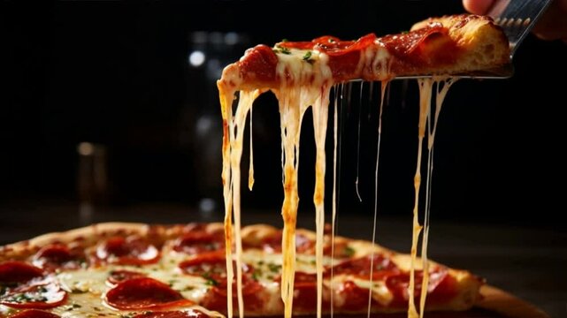 Delicious pepperoni pizza slice with gooey cheese, perfect for a hungry appetite and great for sharing with friends.