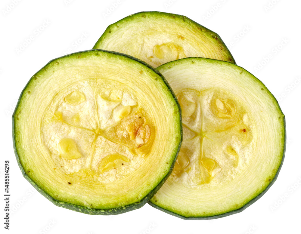 Poster sliced zucchini isolated on transparent background showing its inside texture
