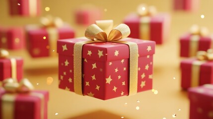 A red box with gold trim and a bow on top is surrounded by other red boxes