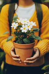 Person holding potted flowering plant in hands, gardening enthusiast in cozy environment, nature lover nurturing home decor with vibrant blooms.
